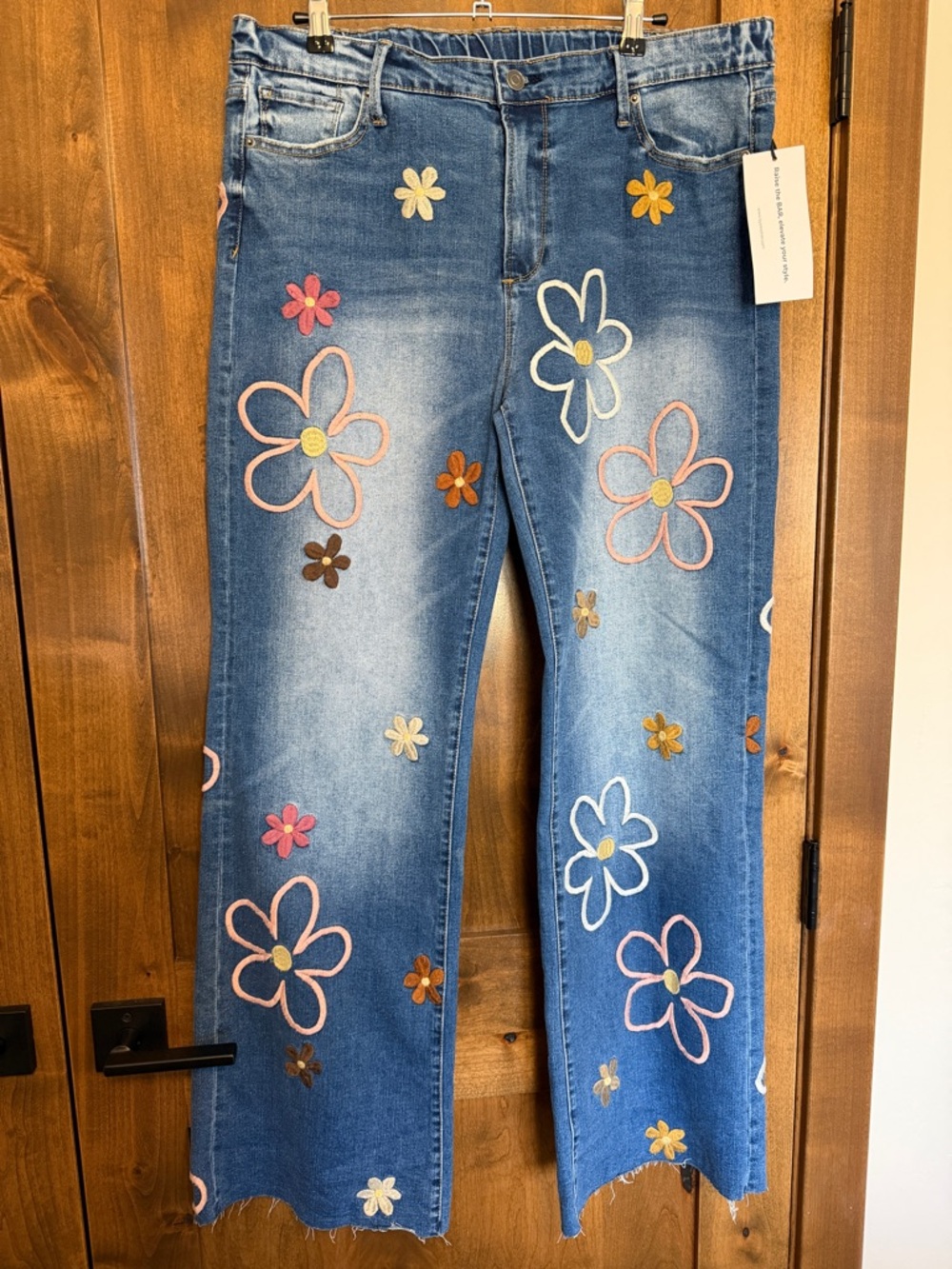 Oli & Hali Blue Denim Wide Leg Jeans with Multicolor Floral Embroidery